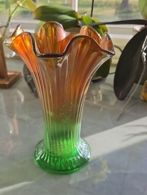 Northwood Green and Orange Glass Vase